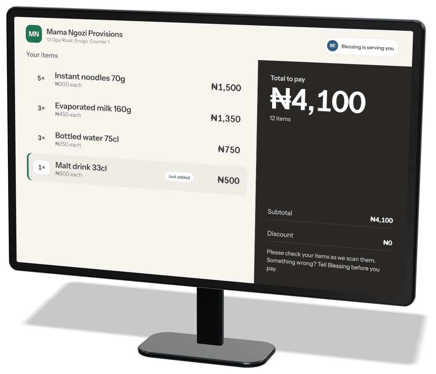 Customer display showing items and a ₦4,100 total