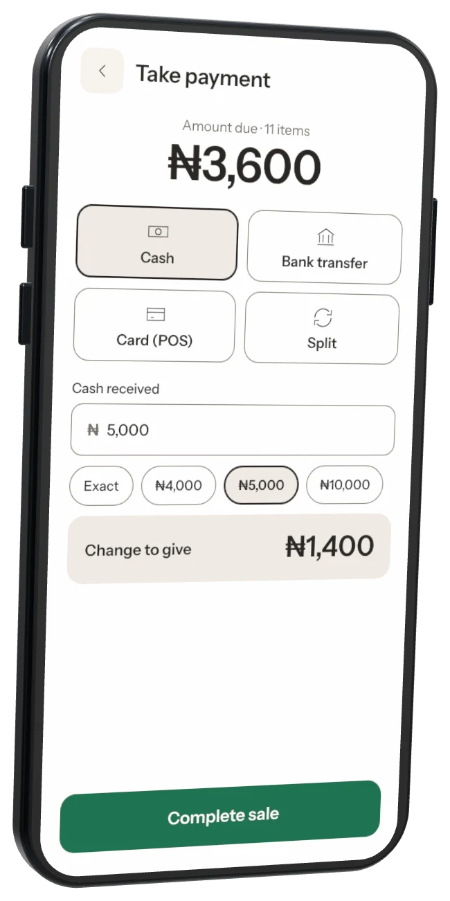 Take payment: change ₦1,400