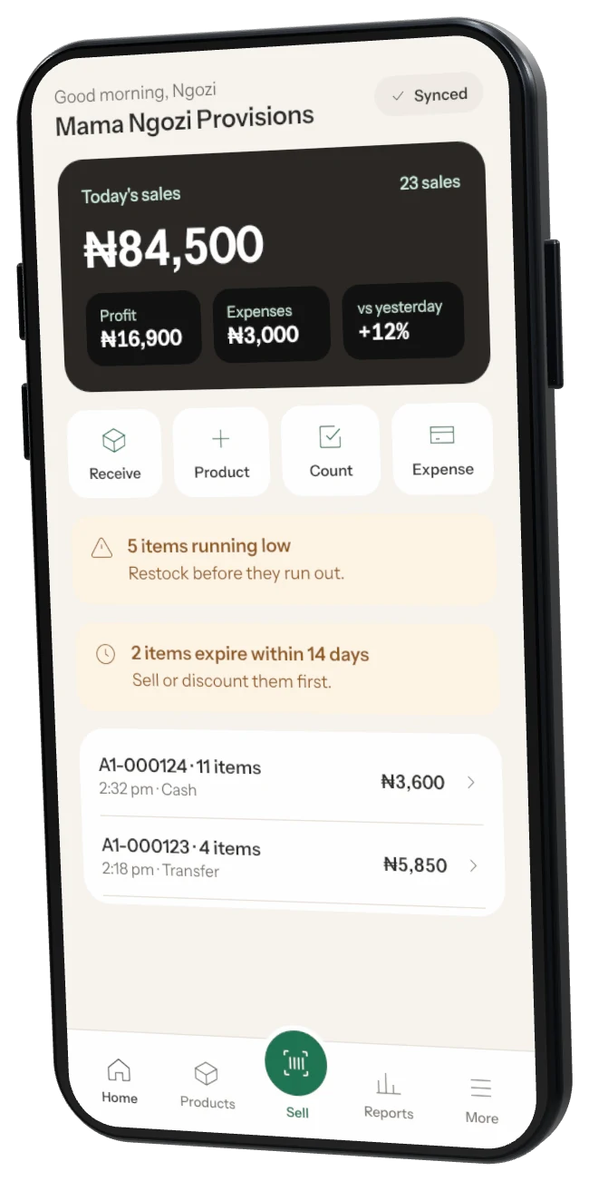 Storeflow phone Home: today’s sales ₦84,500